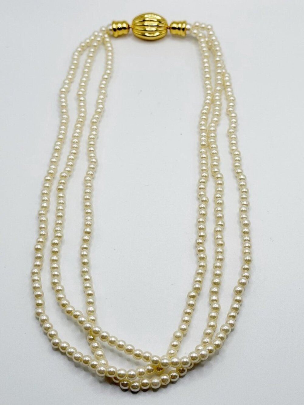 Vintage 18 inch Faux Pearl Necklace Triple Strand Gold Tone Clasp